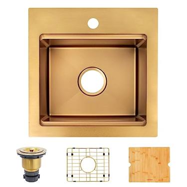 Imagem de Zeesink Pia de bar, pia de barra molhada, ouro, pia de cozinha de montagem superior, pia de aço inoxidável pequena, pia de barra de aço inoxidável, cor dourada