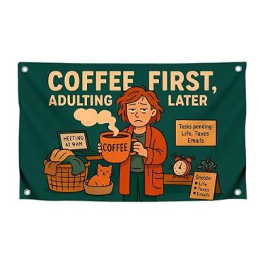 Imagem de Bandeira positiva de 9,5 x 1,5 m, mulher cansada com xícara de café com quatro ilhós de latão - faixa de meme engraçada de um lado presente para mulheres - Bandeiras de tapeçaria coloridas penduradas