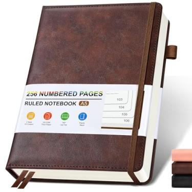 Imagem de Caderno de couro forrado para homens e mulheres, diários de capa dura com 256 páginas numeradas, cadernos de diário A5 para escrever, papel pautado grosso de 100 g/m2 para escola de trabalho de