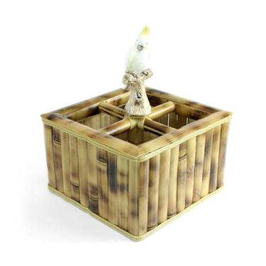 Imagem de Cesto Porta Talheres e Organizador Bambu Natural com Pássaro de Cerâmica 4 Compartimentos Mesa Posta Decoração (CALOPSITA)