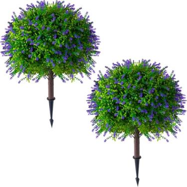 Imagem de BAIJIALI Árvores de topiária de lavanda artificial, 2 conjuntos de arbustos perenes falsos resistentes a UV com espigão no solo, plantas falsas para varanda e jardim ao ar livre