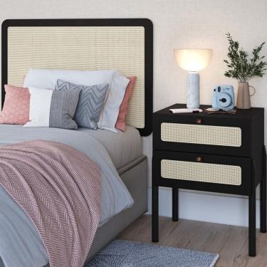 Imagem de Conjunto Cabeceira Solteiro 90cm e Mesa de Cabeceira 2 Gavetas Pé Madeira Palhinha Oslo Nero Nero/Preto