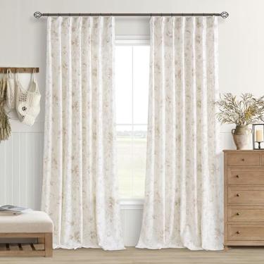 Imagem de Cortinas florais vintage de 262 cm de comprimento plissadas para sala de estar, sala de jantar, filtragem de luz, café, bege, bege, padrão de esboço, estampa de fazenda, vintage, campo, cortina de