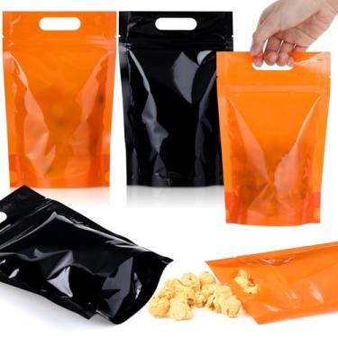 Imagem de TaoBary 48 peças de sacos de doces de petisco resseláveis de Halloween com alça, sacos de plástico para brindes de Halloween com janela para festas, suprimentos de embrulho de presente para pequenos