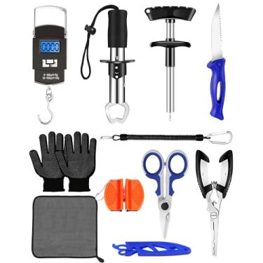 Imagem de AOFUXTI Kit de ferramentas de pesca - Alicate de pesca, removedor de anzol, pinça de peixe, escama de peixe, faca de peixe, equipamento de pesca de água salgada com apontadores, melhores presentes
