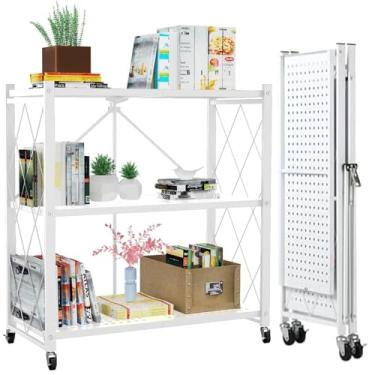 Imagem de Prateleira de armazenamento de metal dobrável de 3 camadas com rodas, 71,5 cm L x 39,5 cm P x 87 cm A, capacidade de carga de 250 kg, prateleira organizadora resistente sem montagem para despensa