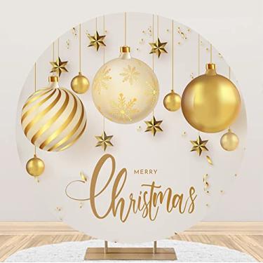 Imagem de DORCEV 2 x 2 m, capa de fundo redondo de Feliz Natal, bolas douradas, fita de estrelas, círculo, bege, fundo de foto para sessão de fotos de Ano Novo, véspera de Natal, decoração de festa de família