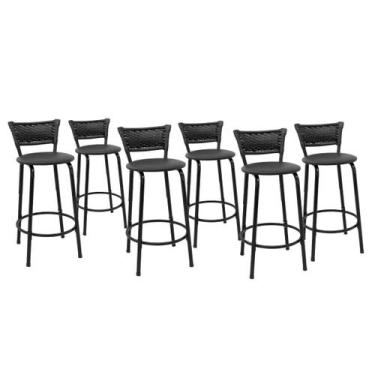 Imagem de Kit 6 Banquetas Para Bancada 60cm Preta Junco Preto Balcão Ilha Bistrô