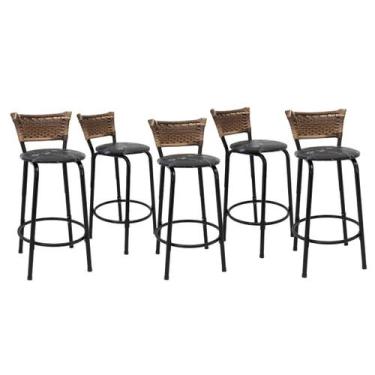 Imagem de Kit 5 Banquetas Para Balcão 60cm Preta Junco Cappuccino Balcão Bistrô 