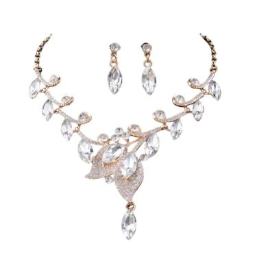 Imagem de Conjunto Colar Brinco Dourado Zircônia Cúbica Prata Folha - Casamento Festa Formatura Debutante - Presente Noiva Madrinha Mãe Namorada Amiga - Réveillon Ano Novo