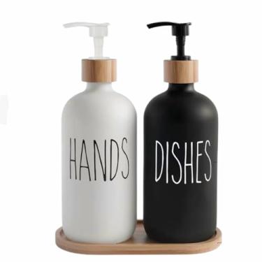 Imagem de Conjunto de dispensador de sabão para pia de cozinha – Garrafas de mãos e pratos com bandeja e bomba de bambu – Recipientes pretos e brancos modernos recarregáveis para sabão de mão e louça – pacote