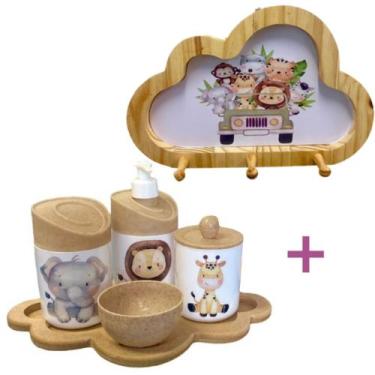 Imagem de Kit Higiene Bebê Safari Leão, girafa e elefante + Cabideiro Infantil N