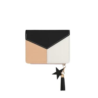 Imagem de Carteira Feminina Geométrica Com Pingente Tassel Colorido, Compacta e Moderna, Com Porta Cartões, Zíper Para Moedas e Documento, Couro Sintético Estilo Fashion Elegante Prática (Preto & Caramelo)