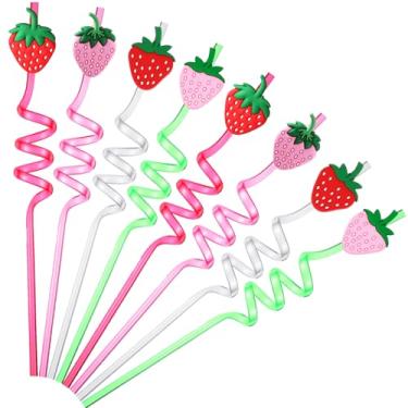 Imagem de Vesici 24 canudos de morango de plástico 26,4 cm reutilizáveis cacheados, chá de panela, aniversário, lembrancinhas de festa de frutas silvestres, suprimentos para suco, coquetel, milkshake