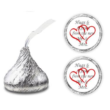 Imagem de 324 abraços e beijos do novo Mr. & Mrs. com adesivos de casamento com corações interligados, etiquetas de gotas de chocolate para decorações de festa de noivado, decoração de brindes para Hershey's Kiss (vermelho)