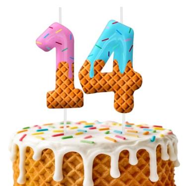 Imagem de Velas de aniversário de sorvete, decoração de topo de bolo de 6 cm, número 14 velas, decorações de aniversário, decorações de bolo de festa de aniversário, suprimentos de festa