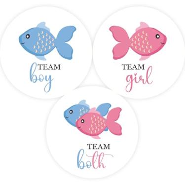 Imagem de 60 peças de adesivos de revelação de gênero "Fish He ou Fish She", adesivos de equipe de pesca, meninos e meninas, etiquetas de chá de bebê rosa ou azul para lembrancinhas de festa de boas-vindas