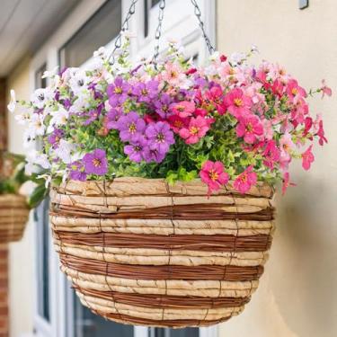 Imagem de WOHSEROM 8 pacotes de flores artificiais violeta ao ar livre, ambientes internos, resistentes a UV de seda falsa com folhas de eucalipto para varanda, jardim, casamento, plantadores (branco, roxo