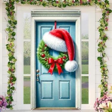 Imagem de BlissYard Capa de porta de guirlanda de Natal com chapéu de Papai Noel, 89 x 188 cm, banner, guirlanda de Natal, decorações de tecido de poliéster, mural para pendurar na parede, decoração de festa