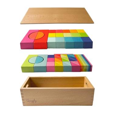 Imagem de Quiggly Conjunto De Blocos De Construção De Arco-Íris De Madeira Montessori, Brinquedo Educativo Stem Com 68 Peças Para Crianças Pequenas, Inclui Caixa De Armazenamento Com Alças De Transporte, Ide