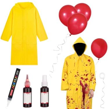 Imagem de Kavoc 7 Pcs Halloween Character Costume Set Include Yellow Raincoat,Red Balloons,Ribbon,Faux Blood and Paint Pen for Movie Party Cosplay