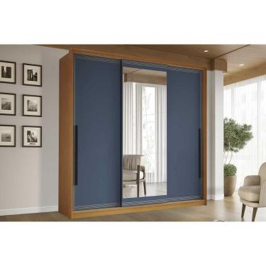 Imagem de Guarda Roupa 3 Portas De Correr (1 C/ Espelho) E 4 Gavetas Valência Freijo/azul - Politorno