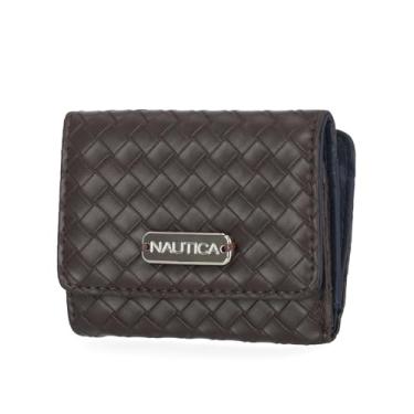 Imagem de Nautica Rower's End Carteira pequena para mulheres, porta-cartão de crédito fino com bloqueio de RFID com bolso para moedas, carteira feminina compacta dobrável com janela para identidade, Café
