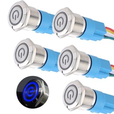 Imagem de DMWD 5 peças interruptor de botão de travamento de metal de 19 mm à prova d'água 12 V-24 V 1NO 1 NC ON-Off com rabicho para orifício de montagem de 9 mm símbolo de energia LED azul