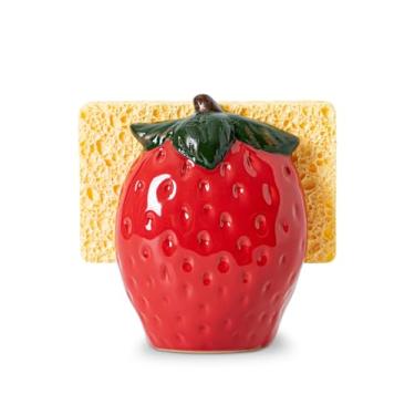 Imagem de dgudgu Suporte de esponja de morango para pia de cozinha – organizador de pia decorativo vermelho para bancada, lavável na lava-louças