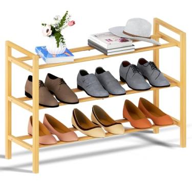 Imagem de Haddockway Sapateira de bambu para armário, organizador de sapatos de pé livre com hastes redondas lisas e alças convenientes, prateleira empilhável de armazenamento de sapatos para entrada, corredor