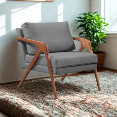 Imagem de Poltrona Mona Luxo Design Moderno em Madeira Maciça Tecido Linho Cinza