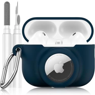 Imagem de LDSXAY Capa de silicone 2 em 1 compatível com AirPods Pro 3 e AirTag, capa protetora à prova de choque para AirPods Pro 3ª geração 2025 com kit de limpeza e mosquetão (azul escuro)