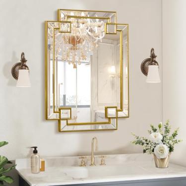 Imagem de Jesantab Espelho dourado para banheiro, espelho retangular de 50 x 67 cm para pia, espelho decorativo moderno para sala de estar, entrada, lareira (horizontal/vertical)