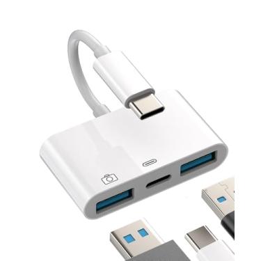 Imagem de Cabo adaptador USB para USB C para Apple MacBook (3 em 1) divisor OTG carregador Thunderbolt macho para iPhone 16 15 Pro Max adaptador conector de porta de carro cabo de carregamento duplo USB fêmea