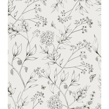Imagem de Safiyya Papel de parede de contato floral preto e branco descasque e cole 43,9 cm x 500,4 cm Papel de parede autoadesivo removível para quarto, banheiro, rolo de vinil