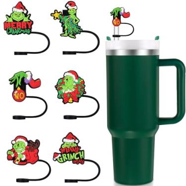 Imagem de Pacote com 6 tampas de palha de Natal compatíveis com copos Stanley, topo de canudo verde de silicone reutilizável, à prova de poeira, acessórios Stanley engraçados perfeitos para festivais