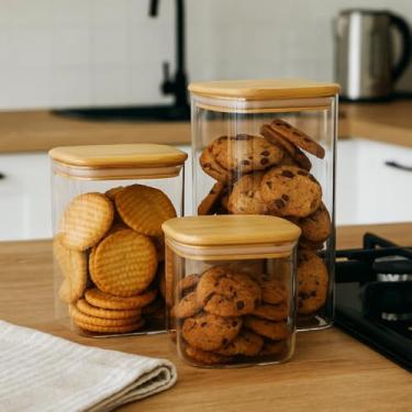 Imagem de Conjunto de Potes Herméticos Retangulares de Vidro Borossilicato com Tampa de Bambu, Transparente, 3 Peças, 700ml/1150ml/1650ml