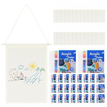 Imagem de Mindsoft Banner de tela em branco com 48 peças, cor a granel, seu próprio banner vertical com cabide com 12 canetas marcadoras de tecido colorido, banners de exibição de parede para bricolage, 24