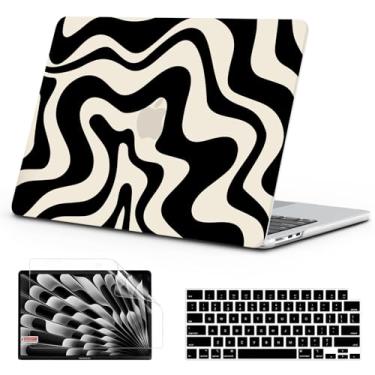 Imagem de B BELK Compatível com MacBook Air 15 polegadas 2025 2024 2023 versão M4 M3 M2 A3241 A3114 A2941, capa protetora de plástico rígido com padrão ondulado + capa de teclado + protetor de tela, onda preta