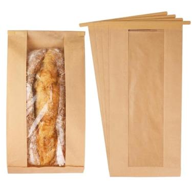 Imagem de Pacote com 50 sacos longos de pão de papel com abas para fermento caseiro, sacos de padaria com janela para pão oval, pães, pastelaria, baguetes (16,3 x 7 × 33,7 polegadas)