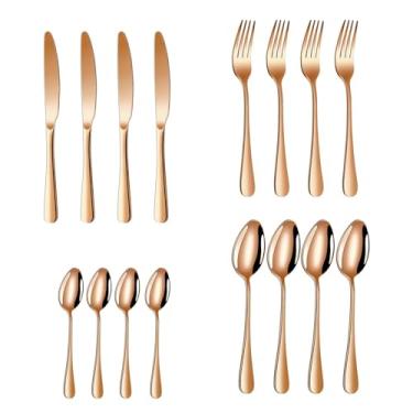 Imagem de IEUDNS Conjunto de talheres 16x4 pessoas, faca, garfo, colher, multiuso, resistente, aço inoxidável, para festa, aniversário, restaurante, casa, Rosa Ouro