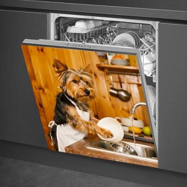 Imagem de HOMETITUTE Capa magnética para lava-louças 58 x 66 cm Yorkshire Terrier lavar pratos em madeira rústica cozinha magnética capa de lava-louças para decoração de utensílios de cozinha painel frontal