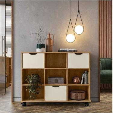 Imagem de Kit 3 Gavetas Organizadoras e Estante Baixa Nicho com Rodízios Freijó / Branco Acetinado