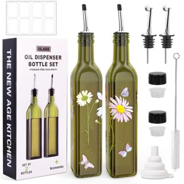 Imagem de COOLMI Conjunto de dispensador de óleo e vinagre - Garrafas dispensadoras de azeite de oliva de vidro premium de 500 ml para cozinha, dispensador de óleo para cozinha (margarida)