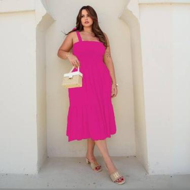 Imagem de Vestido Midi Plus Size Viscolinho Lastex Alça Fina Com Babado Verão Ca