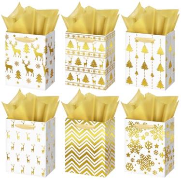 Imagem de 12 peças de sacos de presente dourados de Natal com papéis de seda, 6 estilos sortidos de inverno branco estampados sacos a granel para Natal, férias de inverno, casamento, casa e artigos de festa