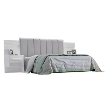 Imagem de Cabeceira Casal íris Estofada Com 2 Mesas De Cabeceira D`doro Branco Ripado 1,40m