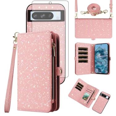 Imagem de Asuwish Capa de celular para Google Pixel 8 Pro 5G com zíper carteira magnética destacável com protetor de tela de vidro temperado e compartimento de glitter com suporte para celular Pixel8Pro Pixel8