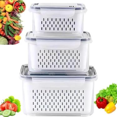 Imagem de Kit 3 Potes Herméticos com Trava e Cesto Escorredor Removível para Geladeira Frutas Verduras Legumes Livre de BPA Vedação Silicone Qualidade Premium Organização Alimentos Cozinha Transparente
