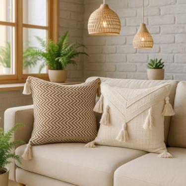 Imagem de Kit 2 capas de almofada algodão chevron cor cru e capuccino, 45x45cm decorativo sofá cama varanda decoração